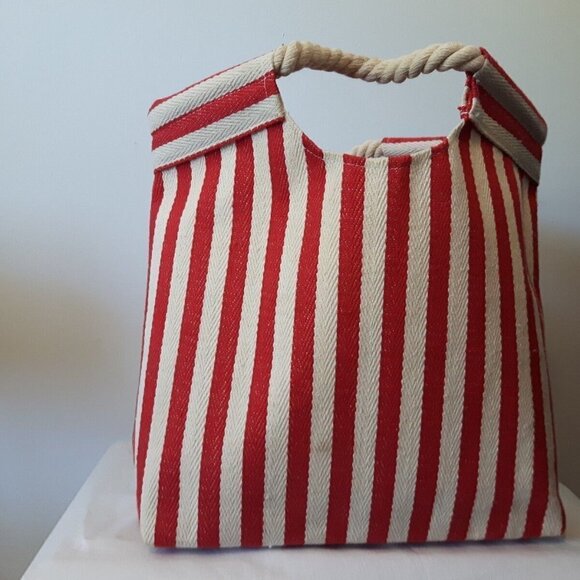 RED WHITE striped canvas BEACH tote NAUTICAL rope handles footprint sand bag - Picture 3 of 5